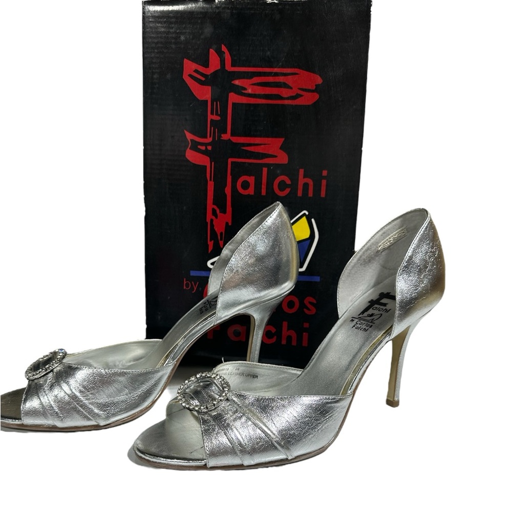 🛍️3/$15 Falchi Chrome High Heels with Rhinestone Buckle sz9